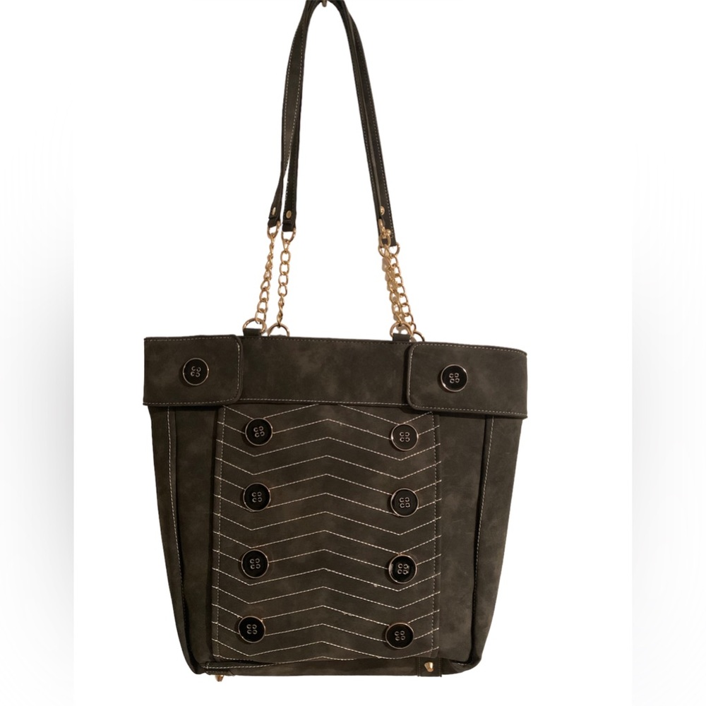 Sam & Hadley tote work bag Grey suede leather gold accessories